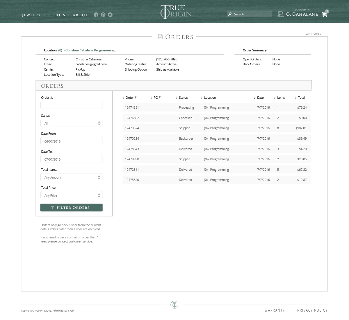 True Origin order management